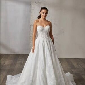 Elegant Lace Basque Waist Wedding Dress with sleeves  Eddy K Mabel (EK1805)